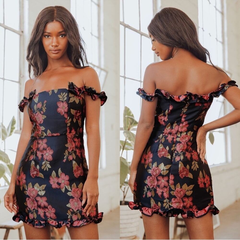 Lulu’s Pop The Bottle Navy Blue Floral Jacquard Ruffled Mini Dress - Picture 4 of 10